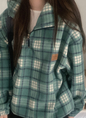 韩国代购直邮Heylady冬复古时尚风格纹连帽上衣宽松外套休闲卫衣