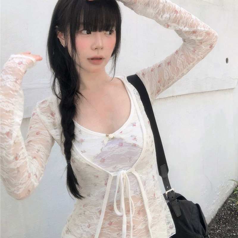韩国代购直邮2026夏Vinvle甜美少女风蕾丝背心两件套透视系带开衫