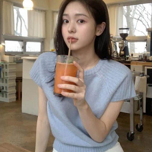 韩国代购直邮2026秋Cherrykoko温柔慵懒风少女感圆领短袖针织衫女