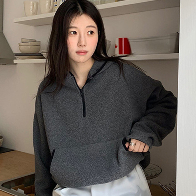 慵懒风通勤宽松百搭翻领长链卫衣