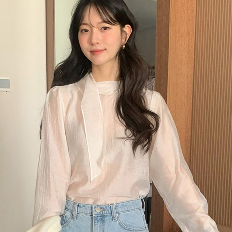 韩国代购直邮2026春装通勤风真丝套头飘带衬衫女长袖宽松圆领上衣