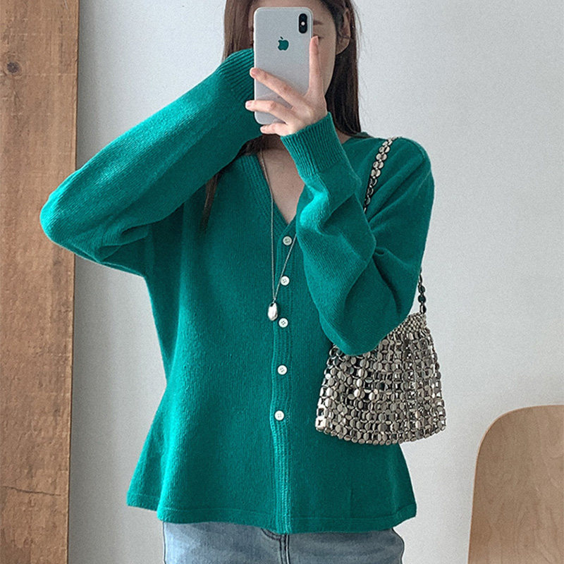 韩国代购直邮Heylady春百搭简约休闲V领宽松落肩长袖宽松针织衫女