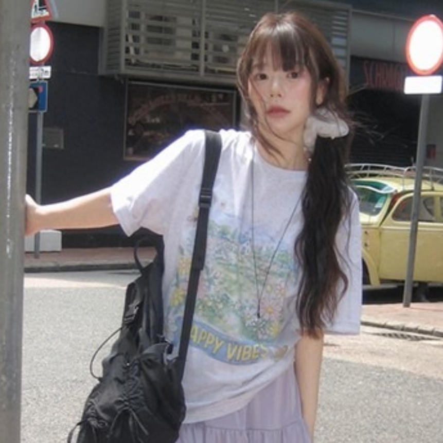 韩国代购直邮2026夏Vinvle韩代少女风印花短袖T恤宽松圆领棉质