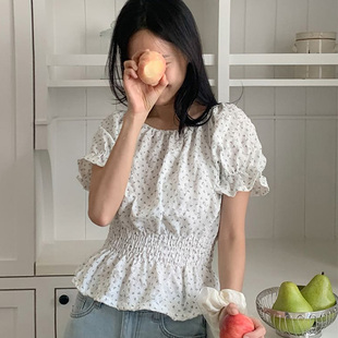 衬衫 韩国直邮Cherrykoko夏百搭甜美温柔淑女碎花一字领短袖 女