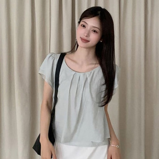 韩国代购直邮2026夏Cherrykoko简约度假风圆领褶皱设计短袖T恤女