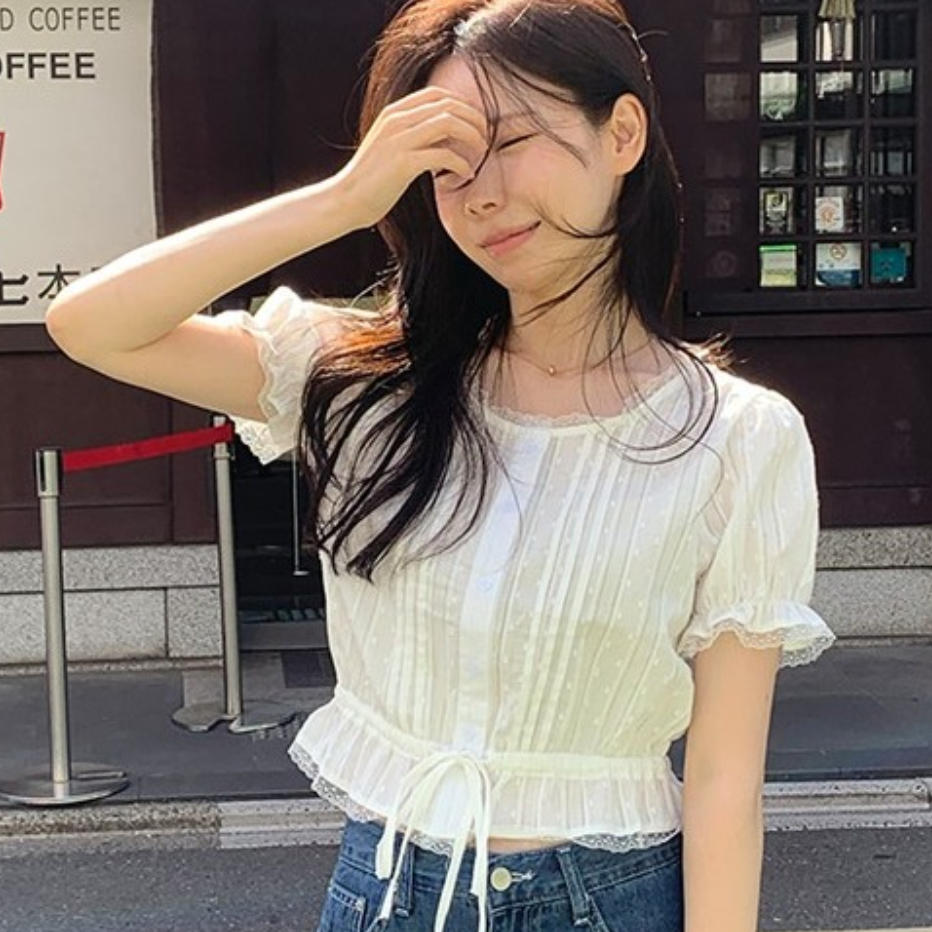 韩国代购直邮2026夏Fine-thankyou甜美蕾丝边系带衬衫泡泡袖收腰