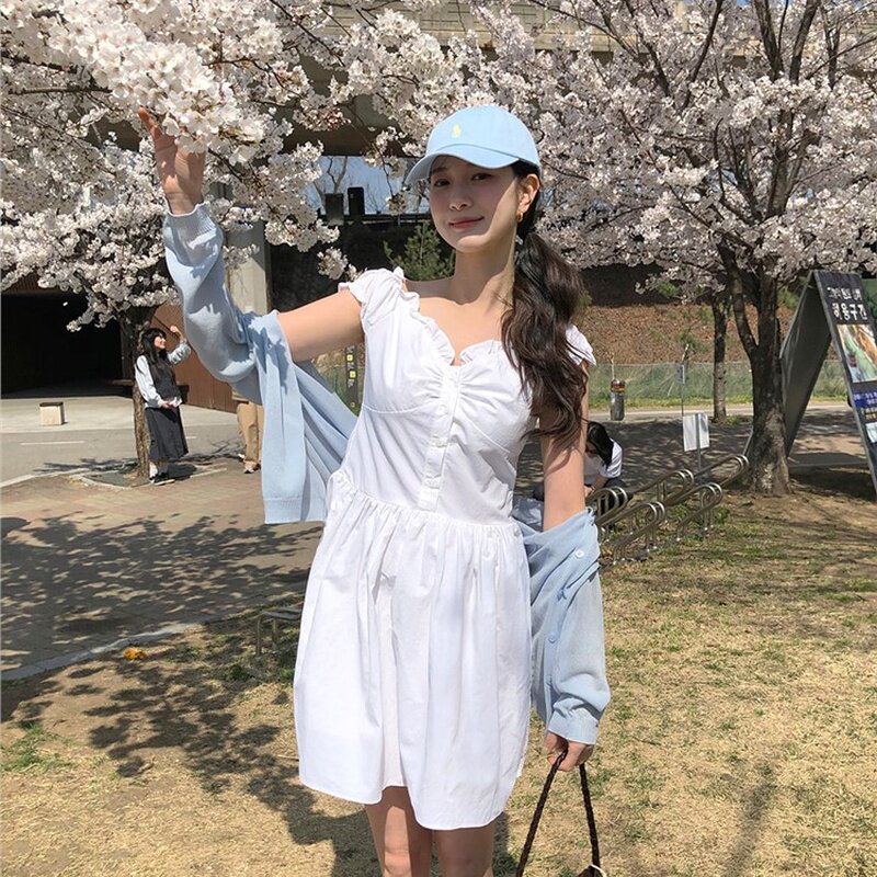 韩国代购直邮2026夏法式甜美风白色V领泡泡袖收腰显瘦少女连衣裙