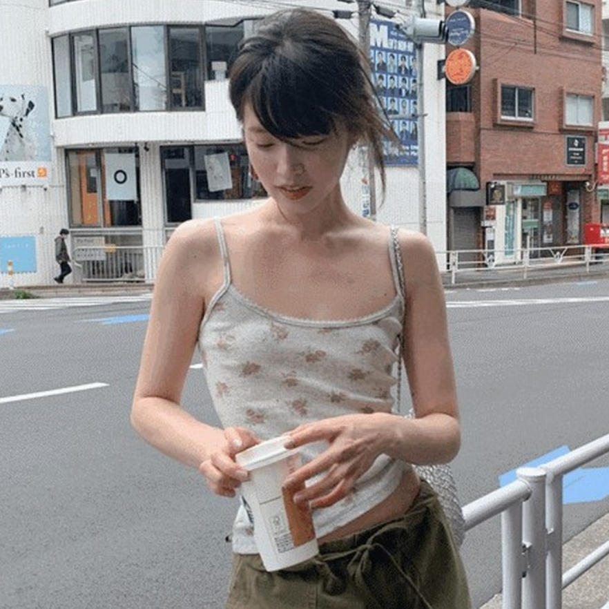 韩国代购直邮2026夏Heylady甜美印花修身吊带背心复古短款上衣