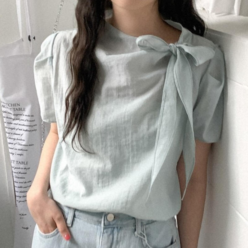 韩国代购直邮2026夏Heylady淑女风蝴蝶结飘带款少女通勤短袖衬衫