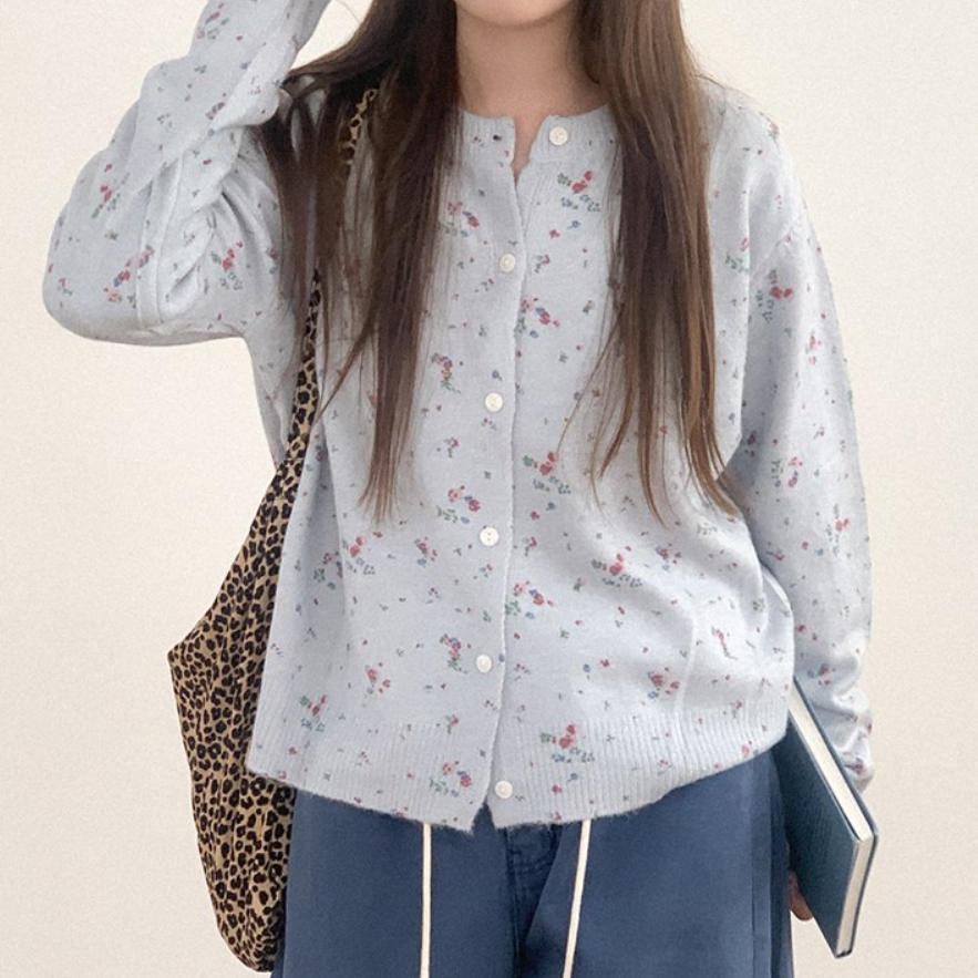 韩国代购直邮2026秋Heylady甜美碎花针织开衫女温柔百搭圆领毛衣