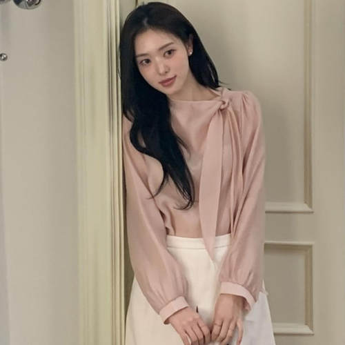 韩国代购直邮2026秋Cherrykoko温柔气质通勤飘带领天丝长袖衬衫女