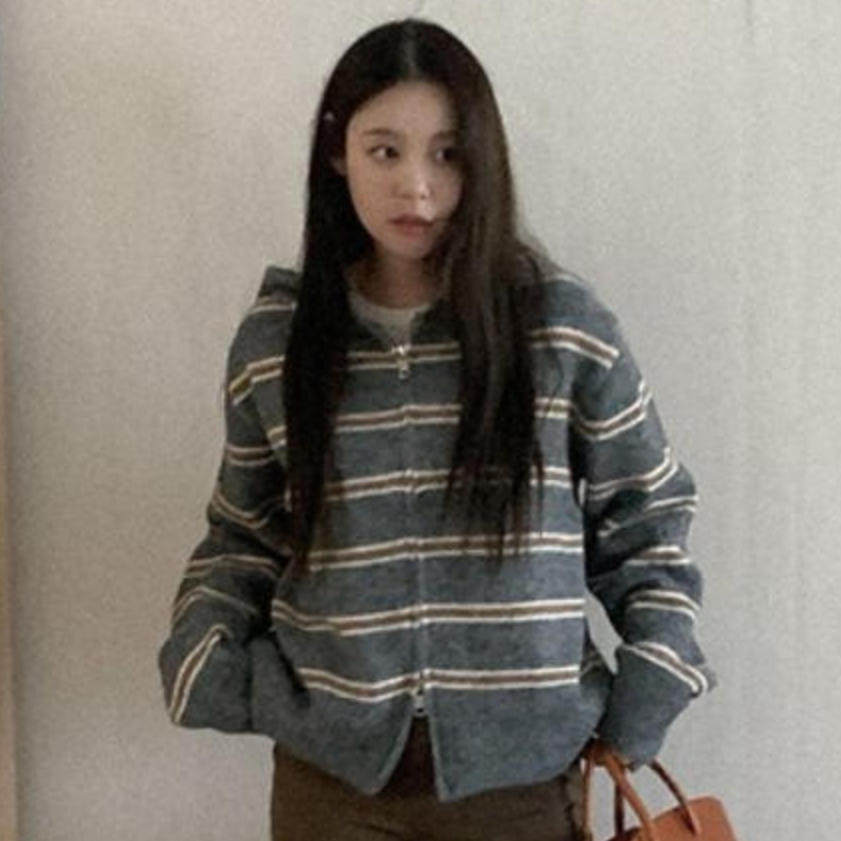 韩国代购直邮2026冬heylady条纹连帽针织开衫女宽松拉链毛衣外套
