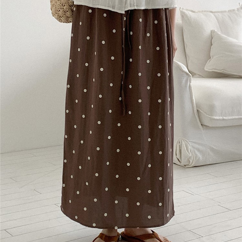 韩国代购直邮2026夏Heylady复古风波点长裙开叉垂感抽绳半身裙女
