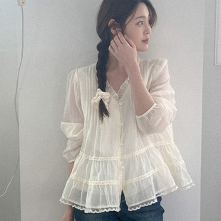 韩国代购直邮Heylady春浪漫温柔百搭气质蕾丝风V领长袖褶边衬衫女