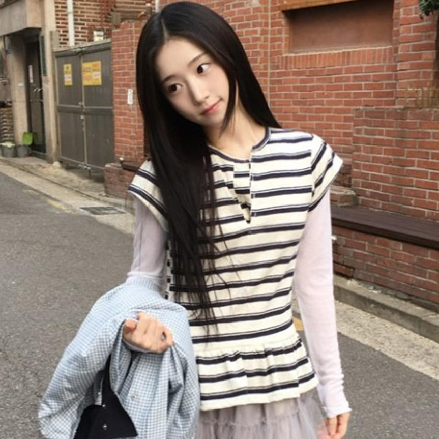 韩国代购直邮2026夏Daybin学院风条纹短袖T恤圆领纽扣装饰上衣