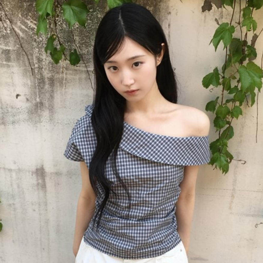 韩国代购直邮2026夏Daybin韩国风斜肩格子衬衫一字肩修身显瘦透气
