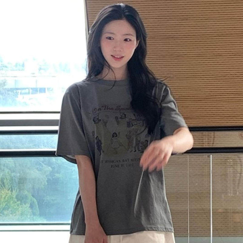 韩国代购直邮2026夏Cherrykoko美式复古卡通印花短袖T恤圆领宽松