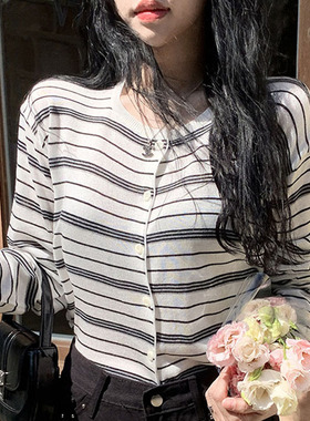 韩国直邮Secondesecon秋百搭时尚气质淑女温柔条纹圆领长袖针织衫