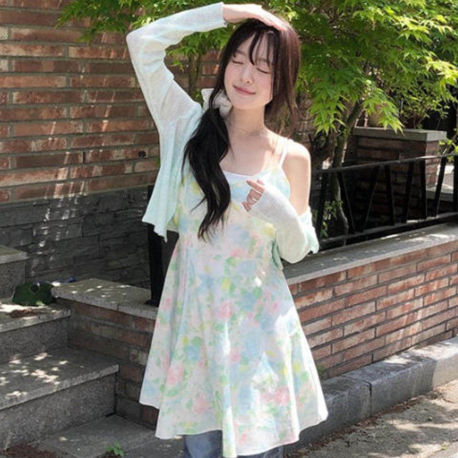 韩国代购直邮2026夏Vinvle甜美少女风花卉印花吊带韩系收腰短裙