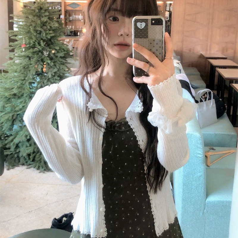 韩国代购直邮2026夏Vinvle简约木耳边薄款长袖外搭少女感针织衫女