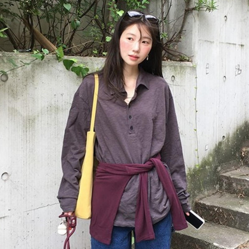 韩国代购直邮2026秋Flily宽松休闲百搭纯色长袖T恤女绑带收腰上衣