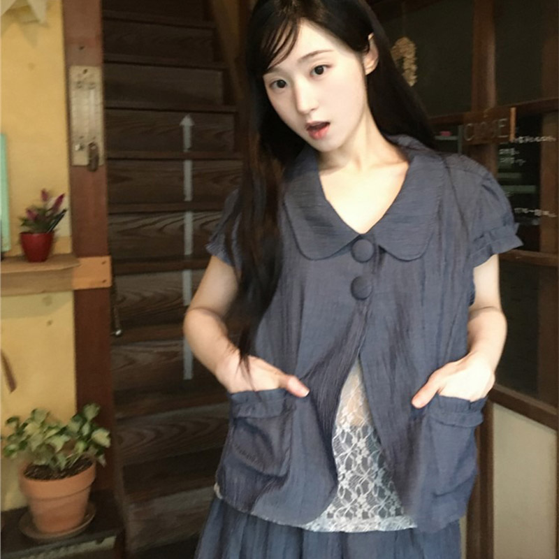 韩国代购直邮2026夏Daybin百搭日系娃娃领复古翻领衬衫短袖衬衫女
