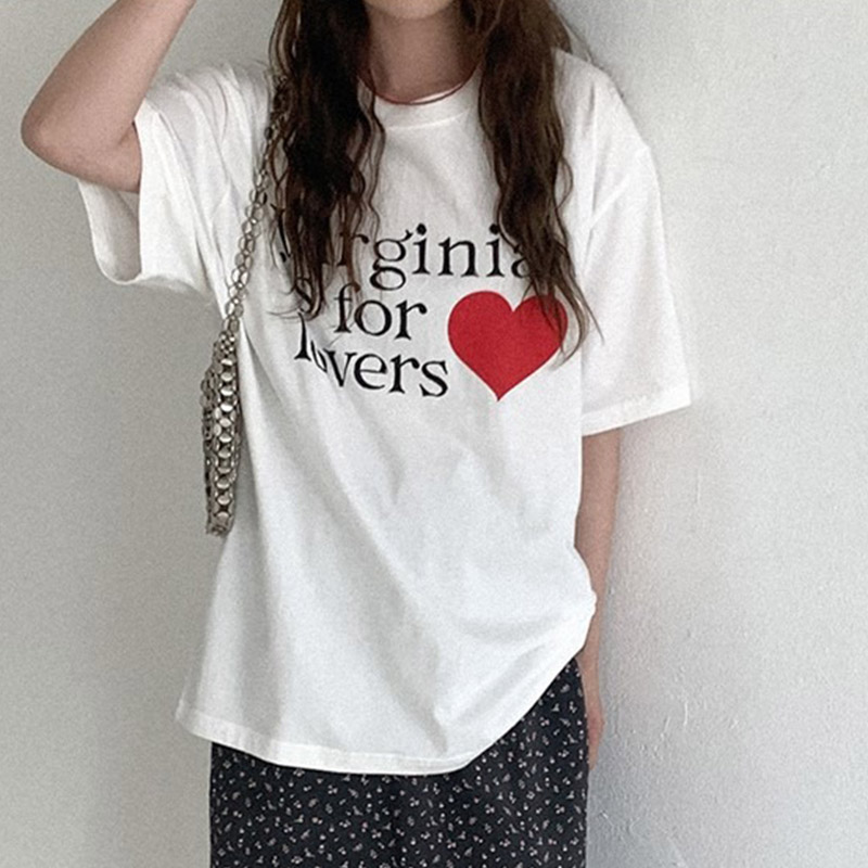 韩国代购直邮2026夏Heylady宽松休闲爱心图案字母印花短袖T恤女
