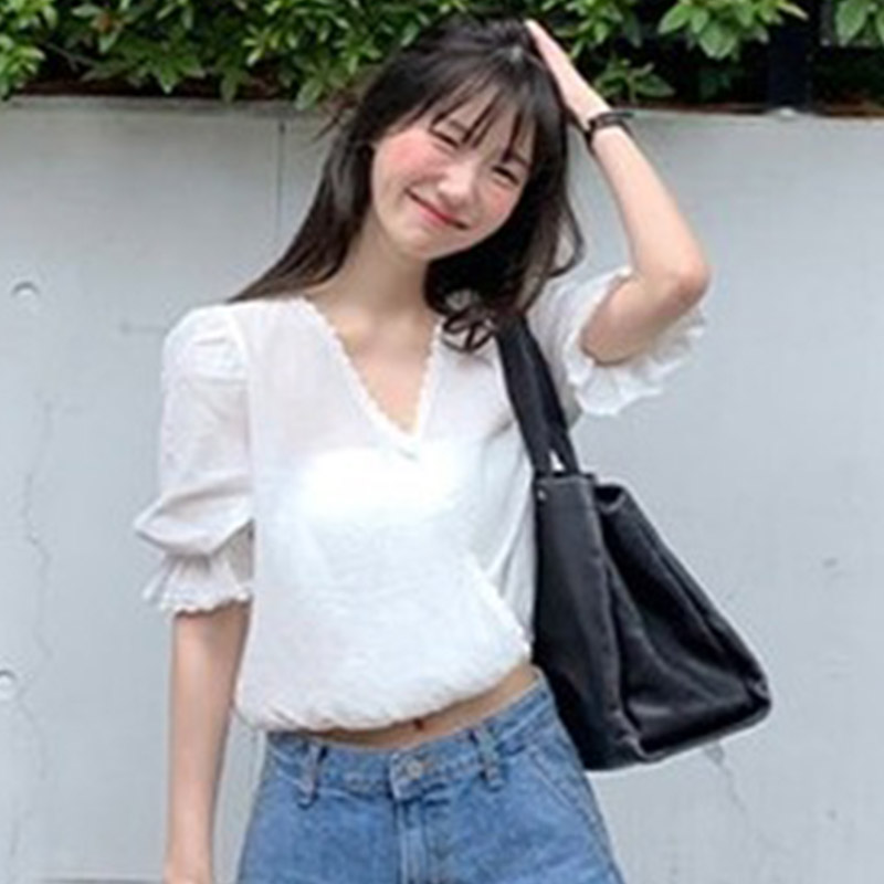 韩国代购直邮2026夏Flily亲肤透气宽松时尚V领泡泡袖短袖T恤女