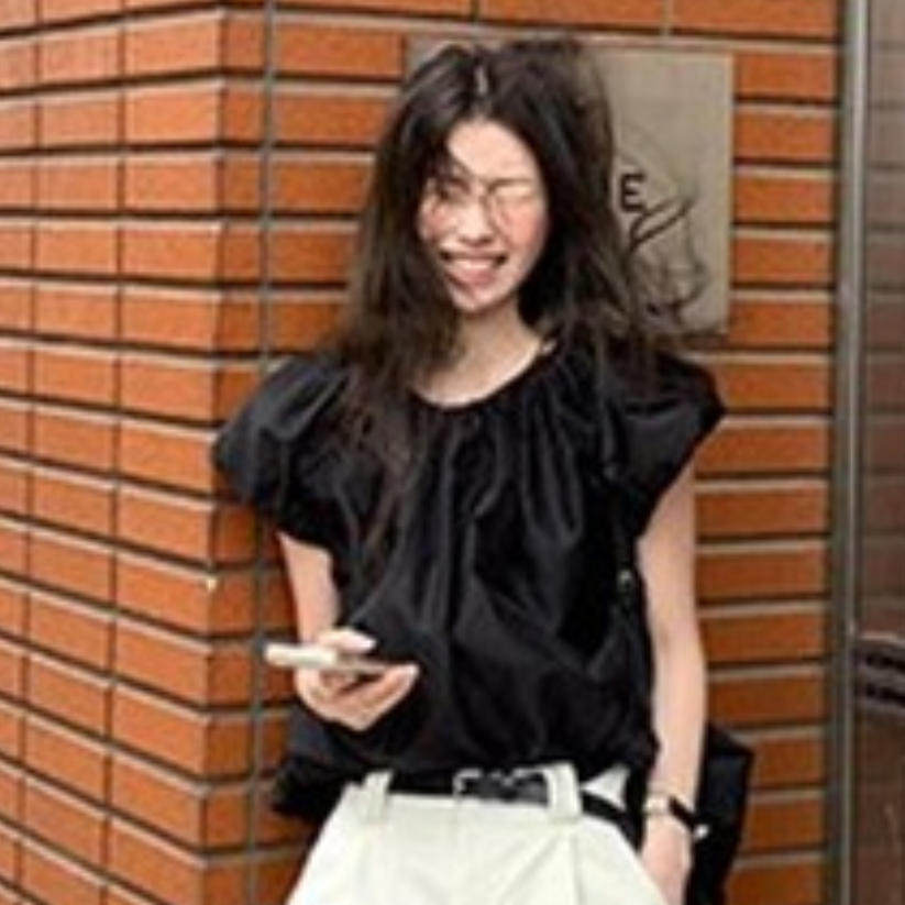 韩国代购直邮2026夏Flily韩国简约黑色泡泡袖衬衫显瘦小个子气质