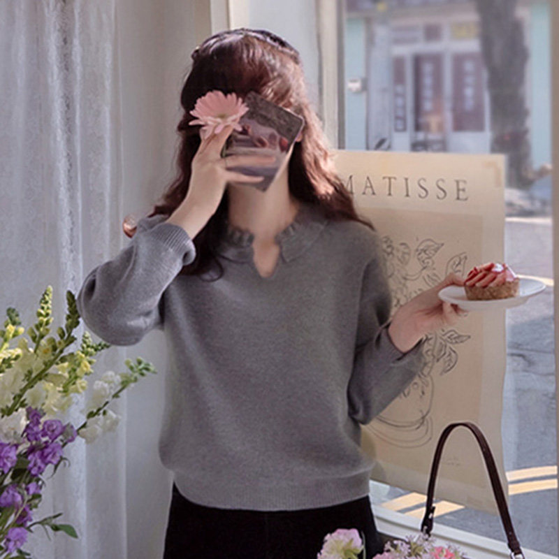 韩国代购直邮Leelin冬百搭淑女温柔风木耳边套头长袖修身针织衫女