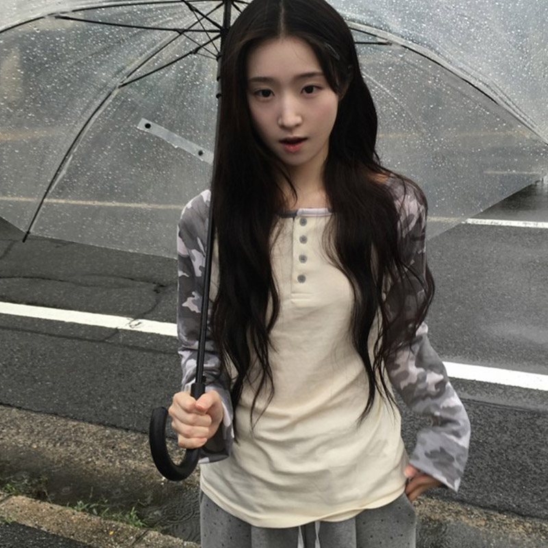 韩国代购直邮2026秋Daybin休闲风迷彩拼接修身圆领插肩长袖T恤女