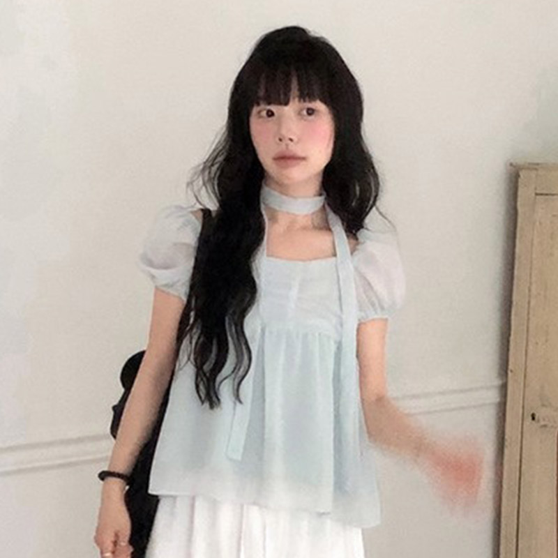 韩国代购直邮2026夏Vinvle甜美少女风方领夏超仙气泡泡袖雪纺衬衫