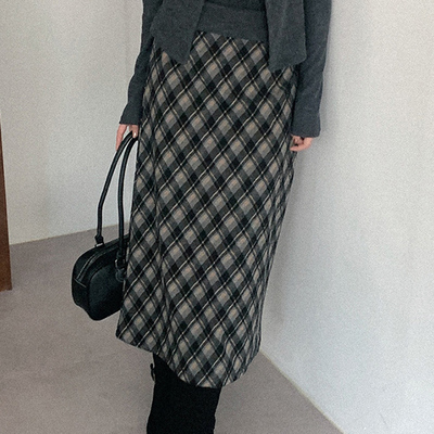 气质复古淑女格子开叉半身中长裙
