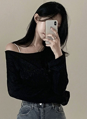 韩国直邮Secondesecon秋时尚高级纯欲风微透褶皱一字肩长袖T恤女