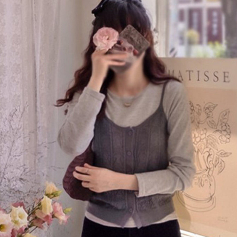 韩国代购直邮2026春Leelin淑女针织吊带背心两件套女长袖叠穿套装