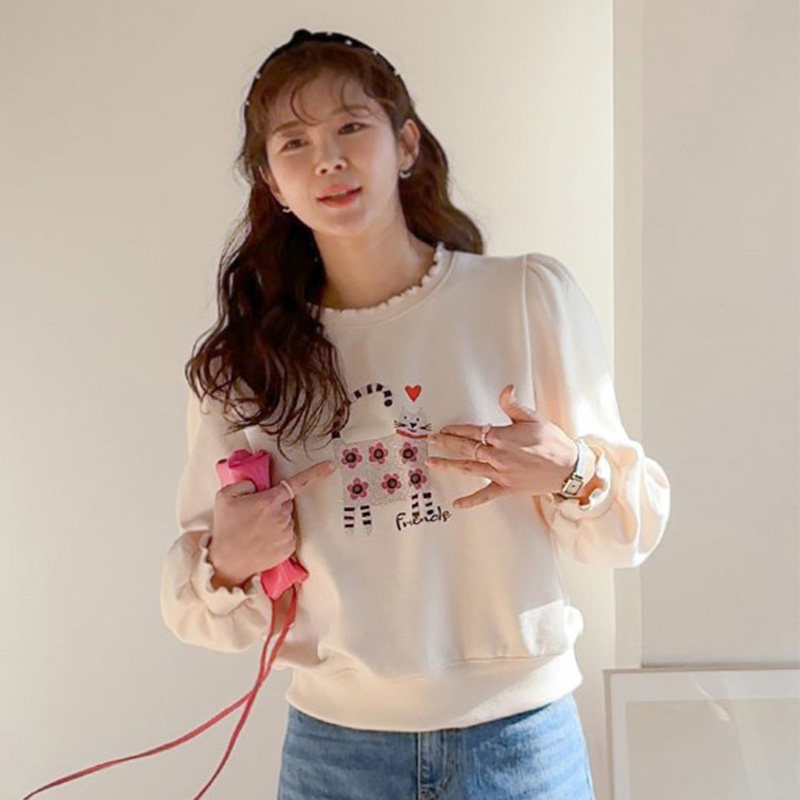 韩国代购直邮Leelin春百搭可爱花边领卡通小猫舒适套头印花卫衣女,女装/女士精品,卫衣/绒衫,淘宝优惠券,粉丝福利购,淘宝优惠卷