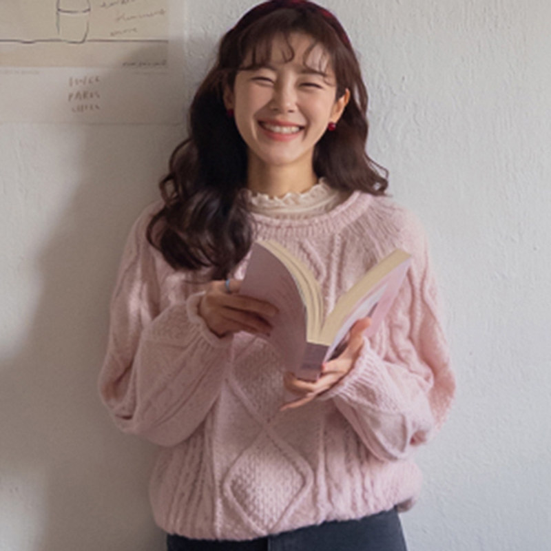 韩国代购直邮Leelin冬温柔慵懒风麻花纹圆领长袖保暖宽松卷边毛衣