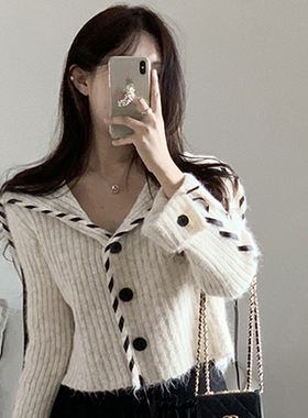 韩国直邮Secondesecon秋时尚气质百搭修身海军领高腰针织衫毛衣女