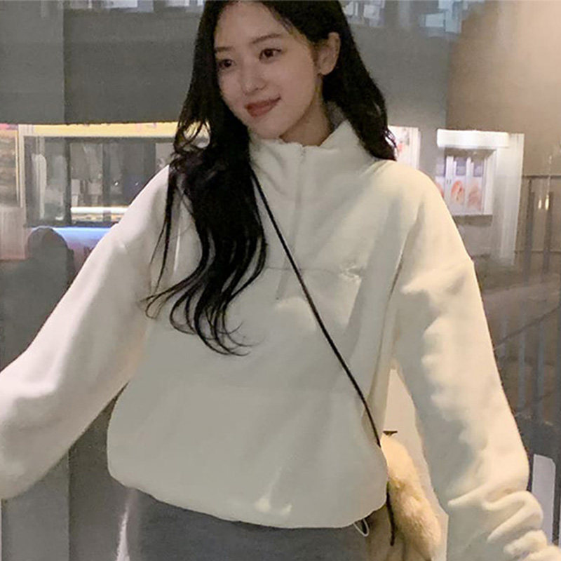 韩国代购直邮Cherrykoko春百搭通勤宽松抓绒保暖半拉链长袖卫衣女