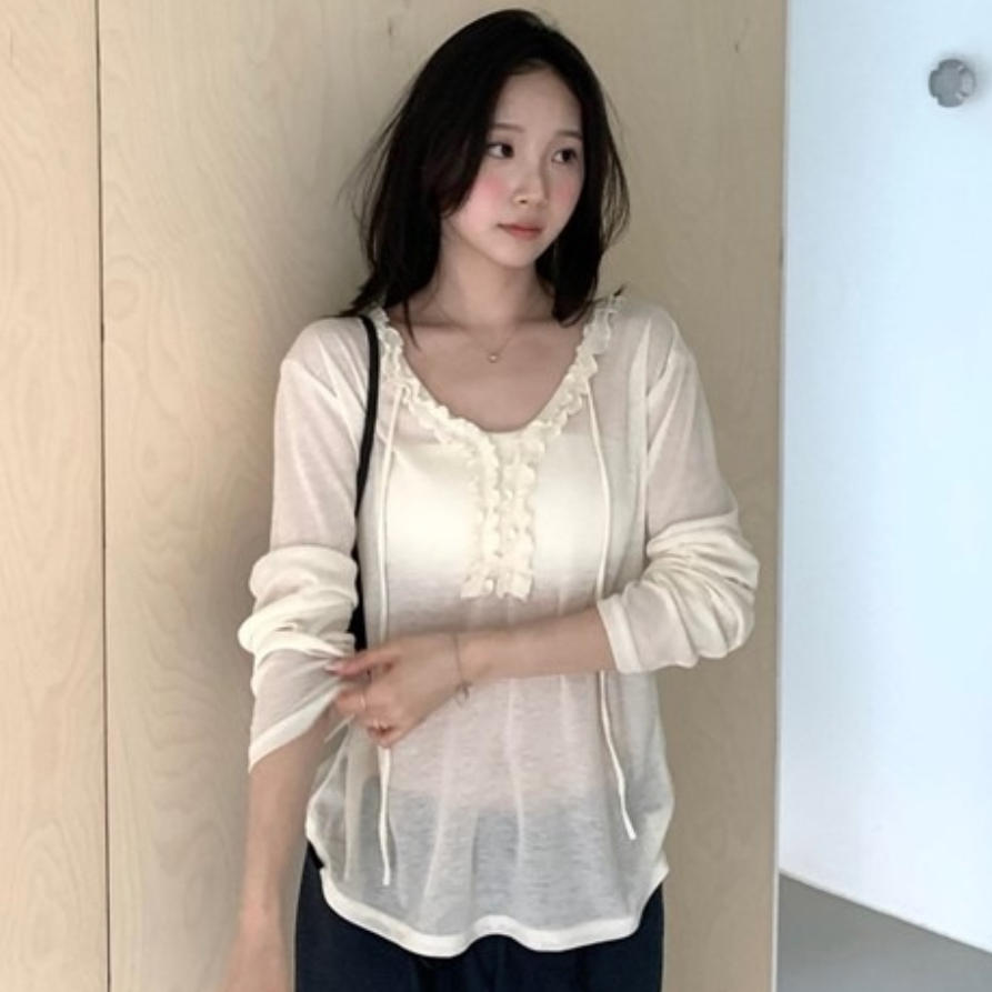 韩国代购直邮2026夏Flily温柔感V领卷边薄款透气长袖针织衫少女感