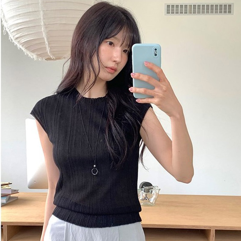 韩国代购直邮2026夏Flily法式温柔时尚优雅修身显瘦圆领短袖T恤女