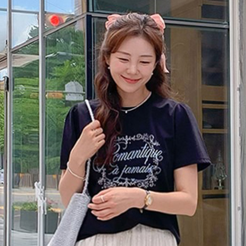 韩国代购直邮2026夏Leelin少女风英文字母印花短袖T恤女显瘦休闲