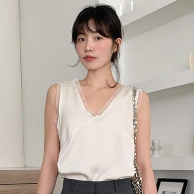 韩国代购直邮2026春Beginning轻熟法式风V领网纱背心显瘦百搭打底