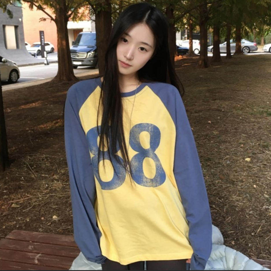 韩国代购直邮2026冬Daybin美式复古撞色插肩袖数字印花长袖T恤女