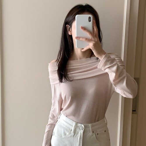 韩国代购直邮2026春Cherrykoko一字领露肩长袖修身显瘦气质T恤
