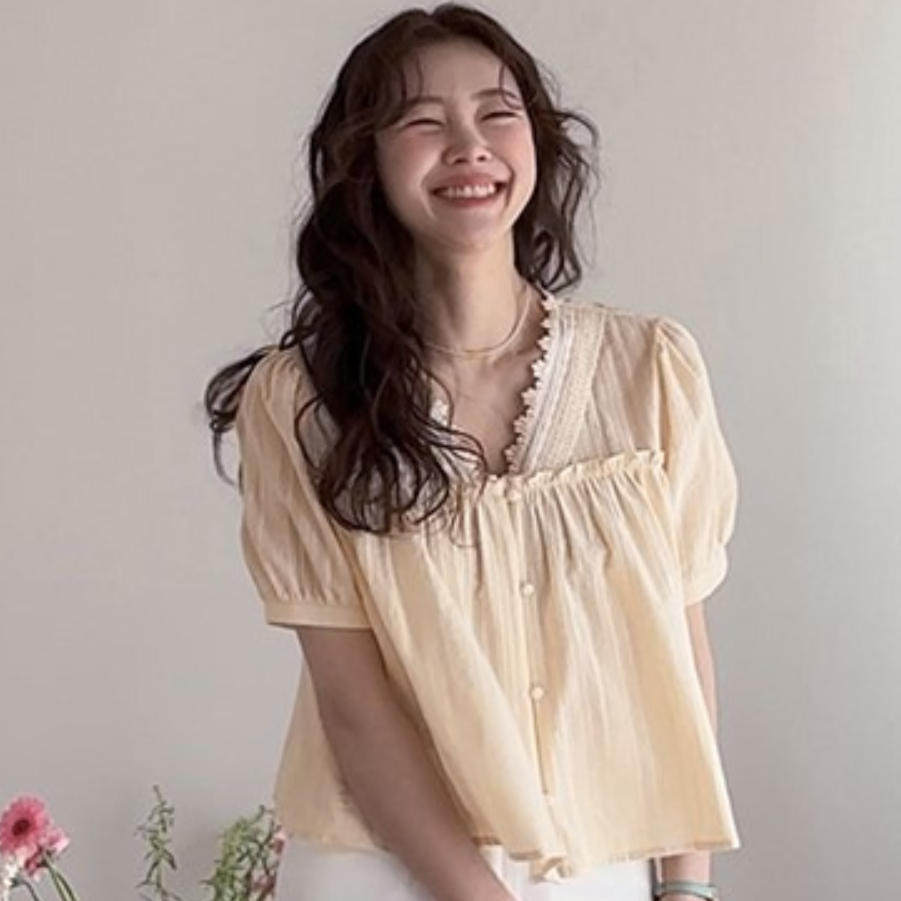 韩国代购直邮2026夏Leelin法式复古花边蕾丝短袖衬衫百搭少女感