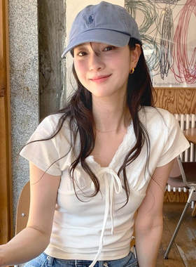 韩国代购直邮2026夏韩版V领短袖T恤甜美风白色系带蝴蝶结修身上衣