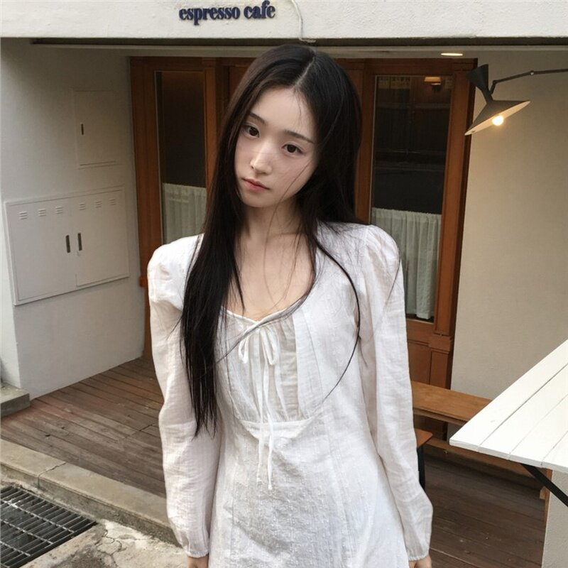 韩国代购直邮2026夏Daybin白色V领长袖连衣裙系带收腰显瘦裙子
