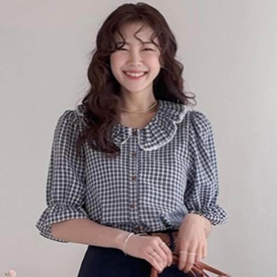 韩国代购直邮2026夏Leelin韩式娃娃领格子衬衫短袖喇叭袖文艺轻