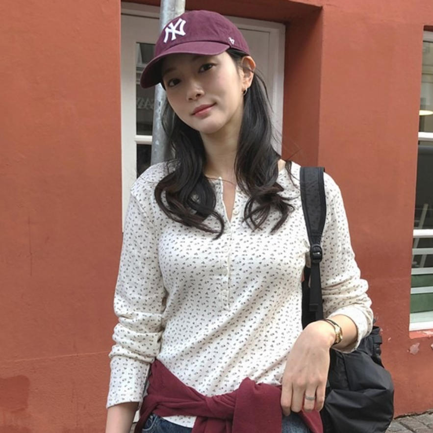 韩国代购直邮2026秋Ordinairement排扣碎花长袖T恤女修身显瘦百搭
